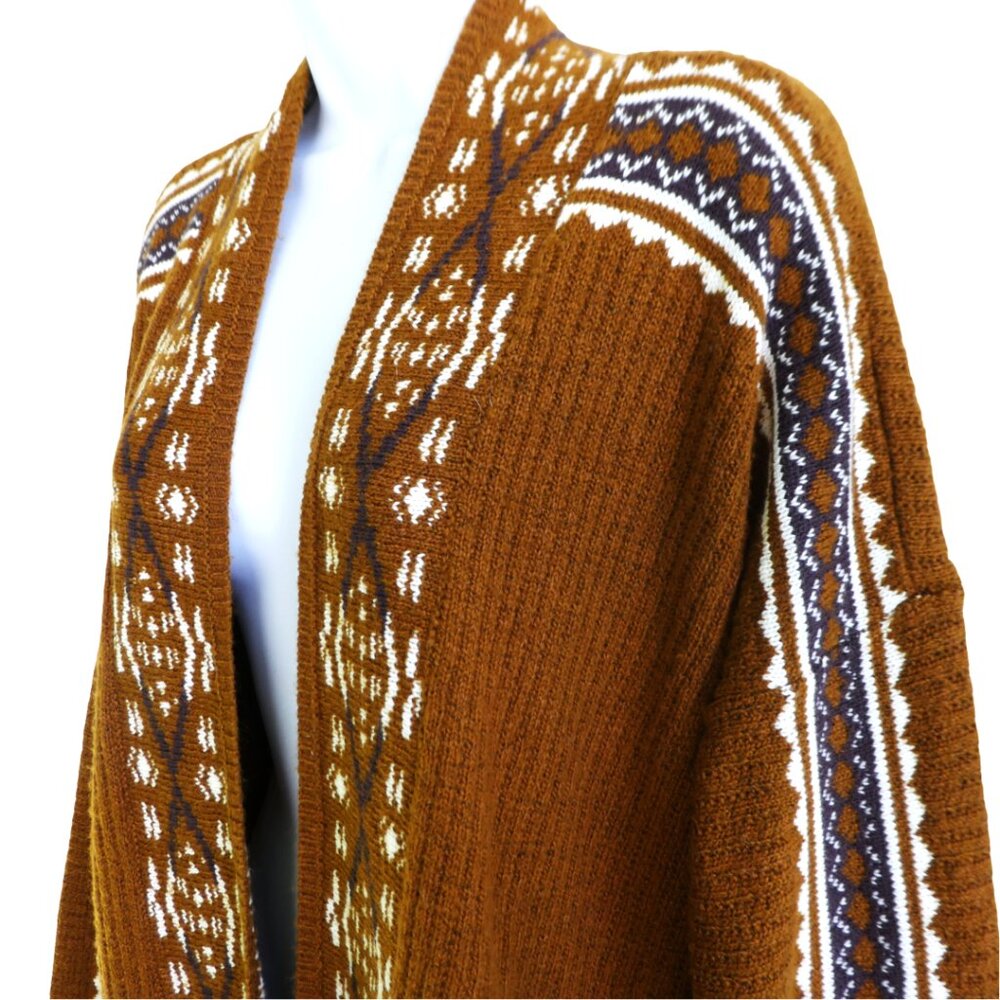 Lucky Brand Aztec Long Cardigan Southwest Boho Brown Pockets Ribbed Knit L